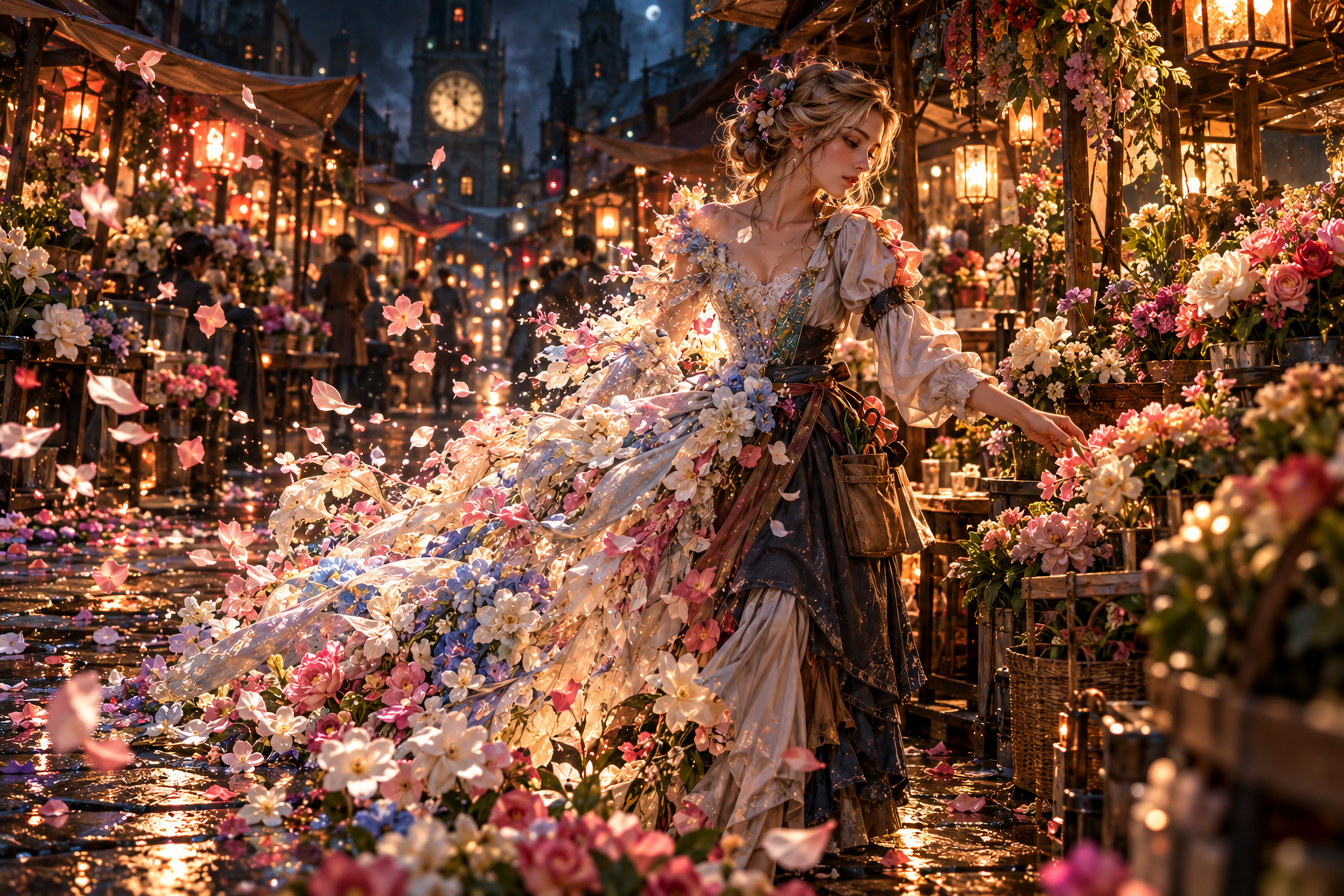 Ethereal fairytale woman in a blooming floral gown browses a glowing lantern-lit night flower market