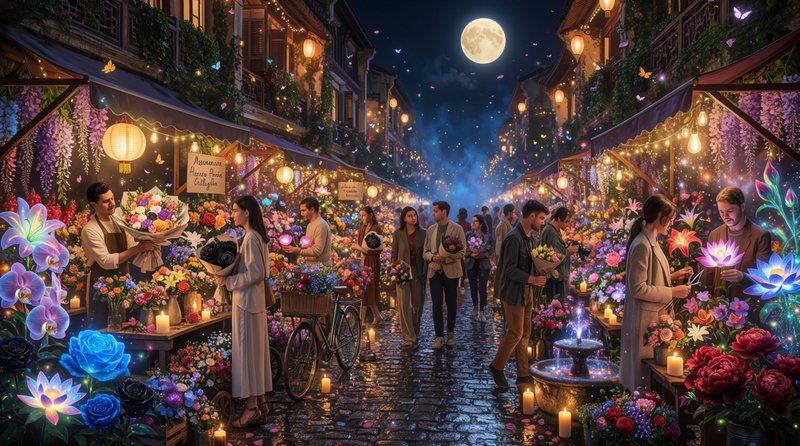 Enchanted night flower market with glowing floral stalls, full moon, and shoppers browsing a mist...