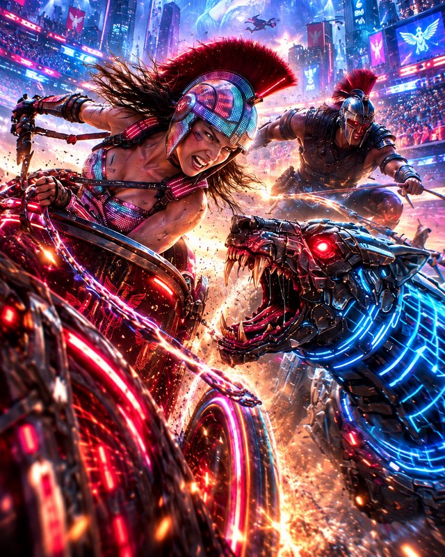 Fierce cyberpunk gladiators race neon chariots against a mechanical panther beast in a futuristic...