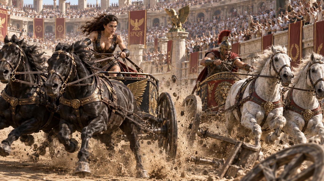 Rival charioteers race horse-drawn chariots at high speed during a chaotic Roman Colosseum event