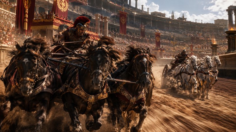 Armored Roman charioteers race at full speed during a competition in a packed Colosseum arena