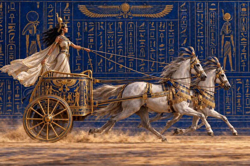 Ancient Egyptian queen driving a gilded chariot pulled by ornately harnessed white horses past a ...