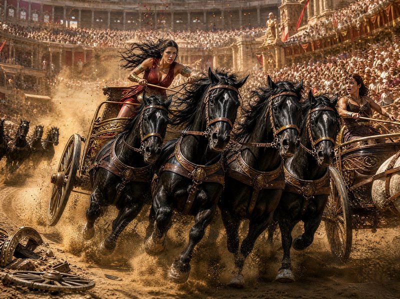 Fierce female charioteers race horse-drawn chariots in a crowded ancient Roman coliseum