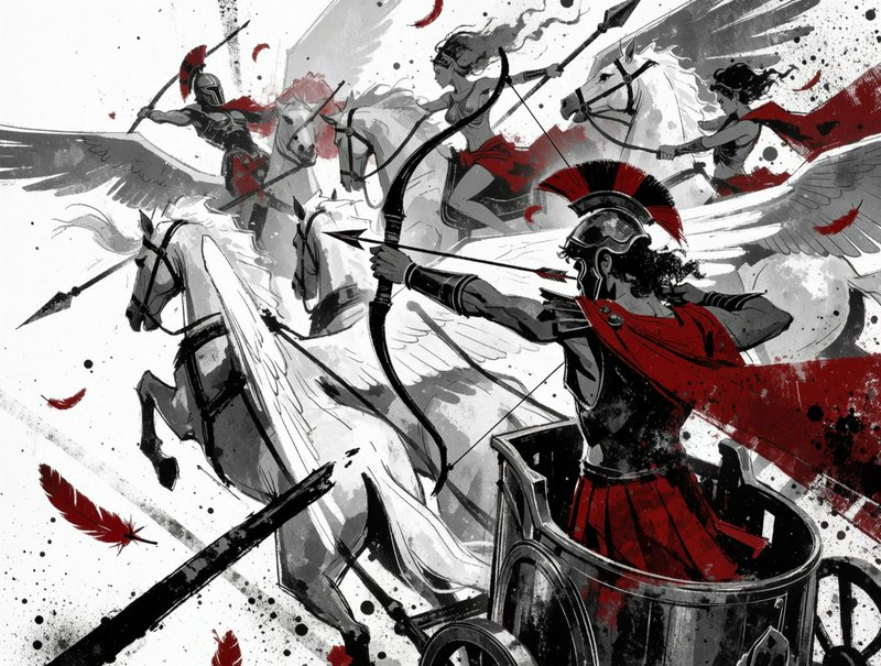 Armored ancient Greek warriors ride winged pegasus chariots into battle, one drawing a bow.