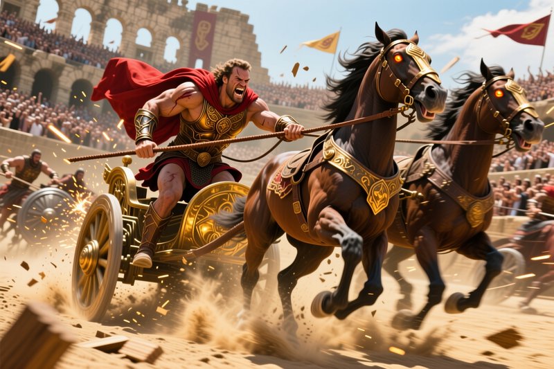 Fierce scarred gladiator drives a gilded chariot pulled by armored horses during a chaotic Roman coliseum race