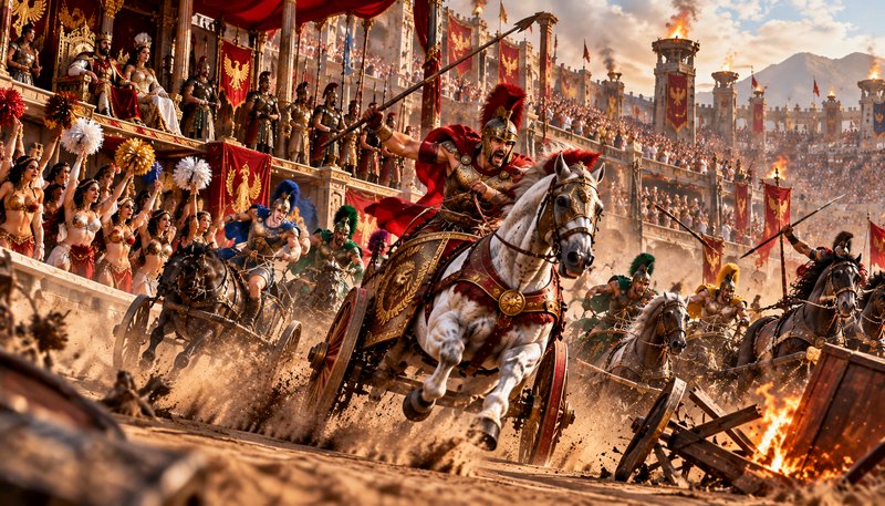 Armored Roman gladiators race chariots through a dusty colosseum past cheering crowds and burning track obstacles