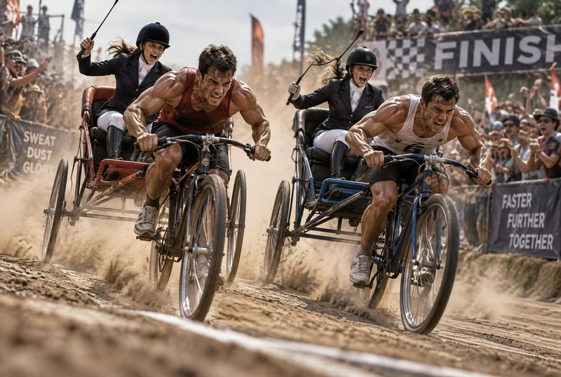 Muscular men race bicycle-drawn chariots carrying jockeys across a dusty dirt track toward a fini...