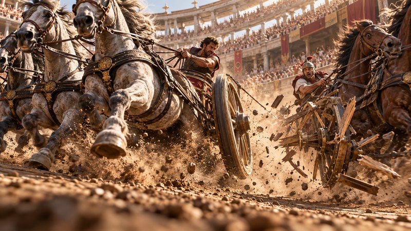 Dramatic ancient Roman chariot race collision with one chariot breaking apart mid-race in a packe...