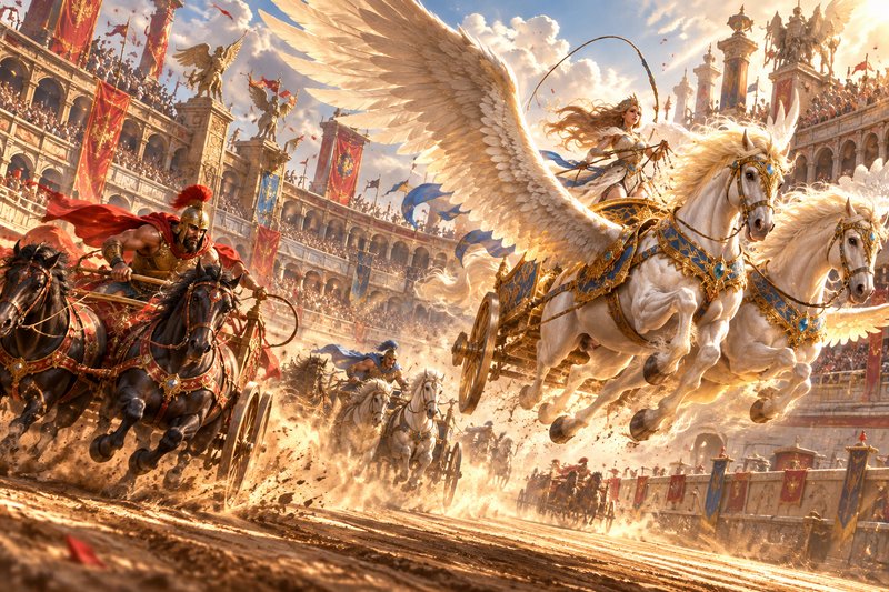 Fantasy chariot race in an ancient Roman colosseum where a winged pegasus chariot leads competing...