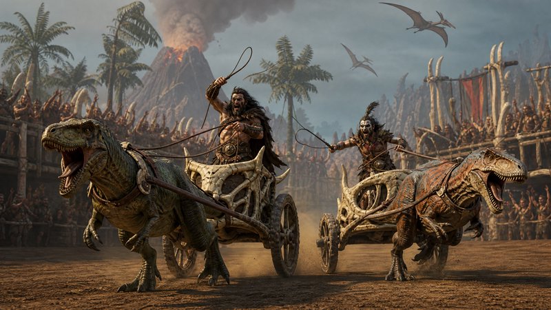 Two barbarian charioteers race T-rex pulled bone chariots in a prehistoric volcanic arena