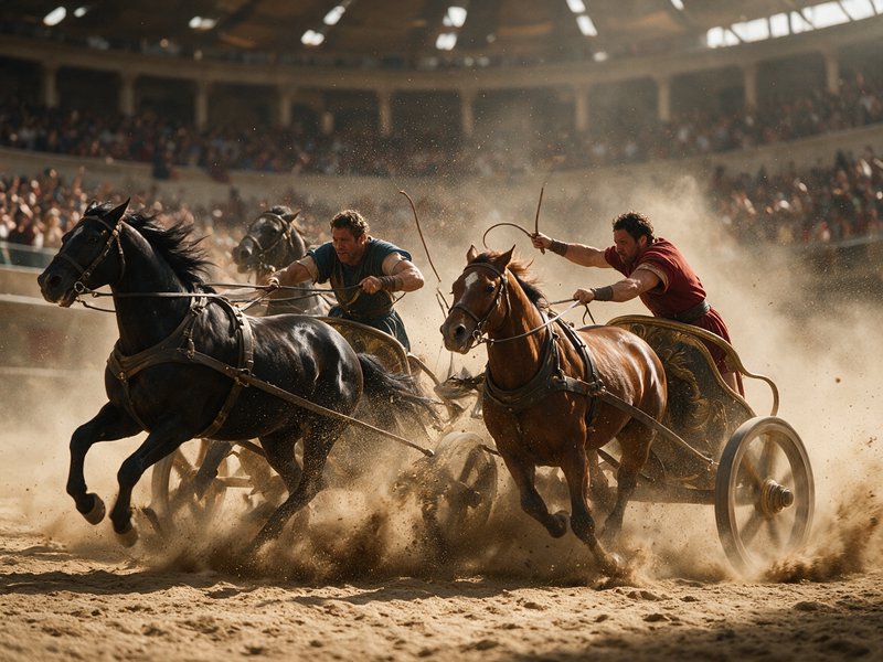 Two competing charioteers race horse-drawn chariots kicking up dust in an ancient Roman coliseum