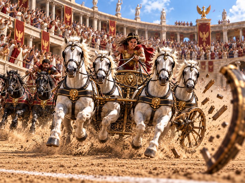 Fierce female Roman charioteer races a four-horse chariot as a wheel breaks mid-race in a packed ancient coliseum