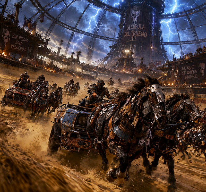 Armored post-apocalyptic chariots race across a dirt arena beneath a roiling lightning storm.