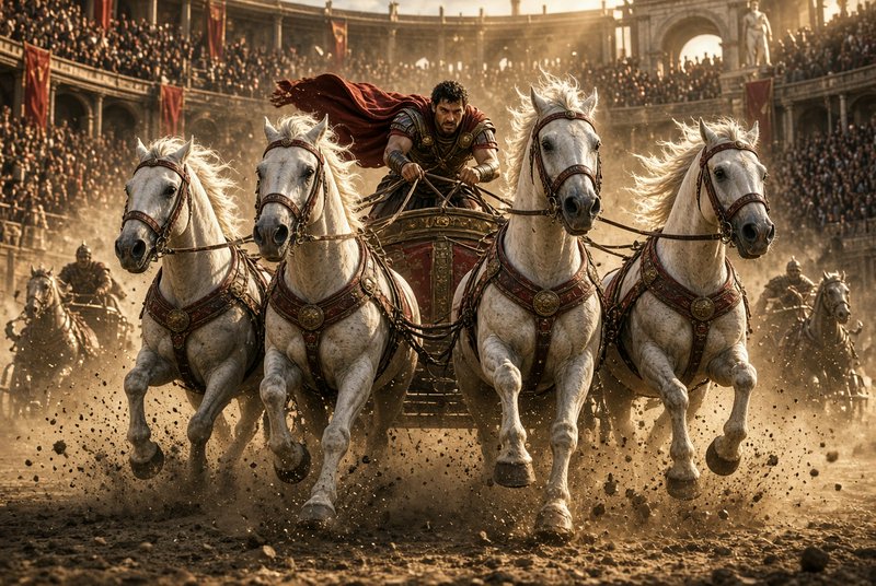 Roman charioteer driving a four-horse chariot at full speed inside a packed ancient stone coliseum