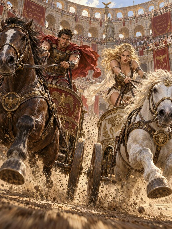 Two rival charioteers race head to head in horse-drawn chariots inside the packed ancient Roman Colosseum