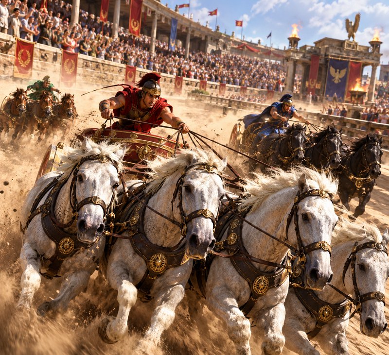 Roman charioteers compete in a high stakes chariot race inside a packed ancient Roman coliseum