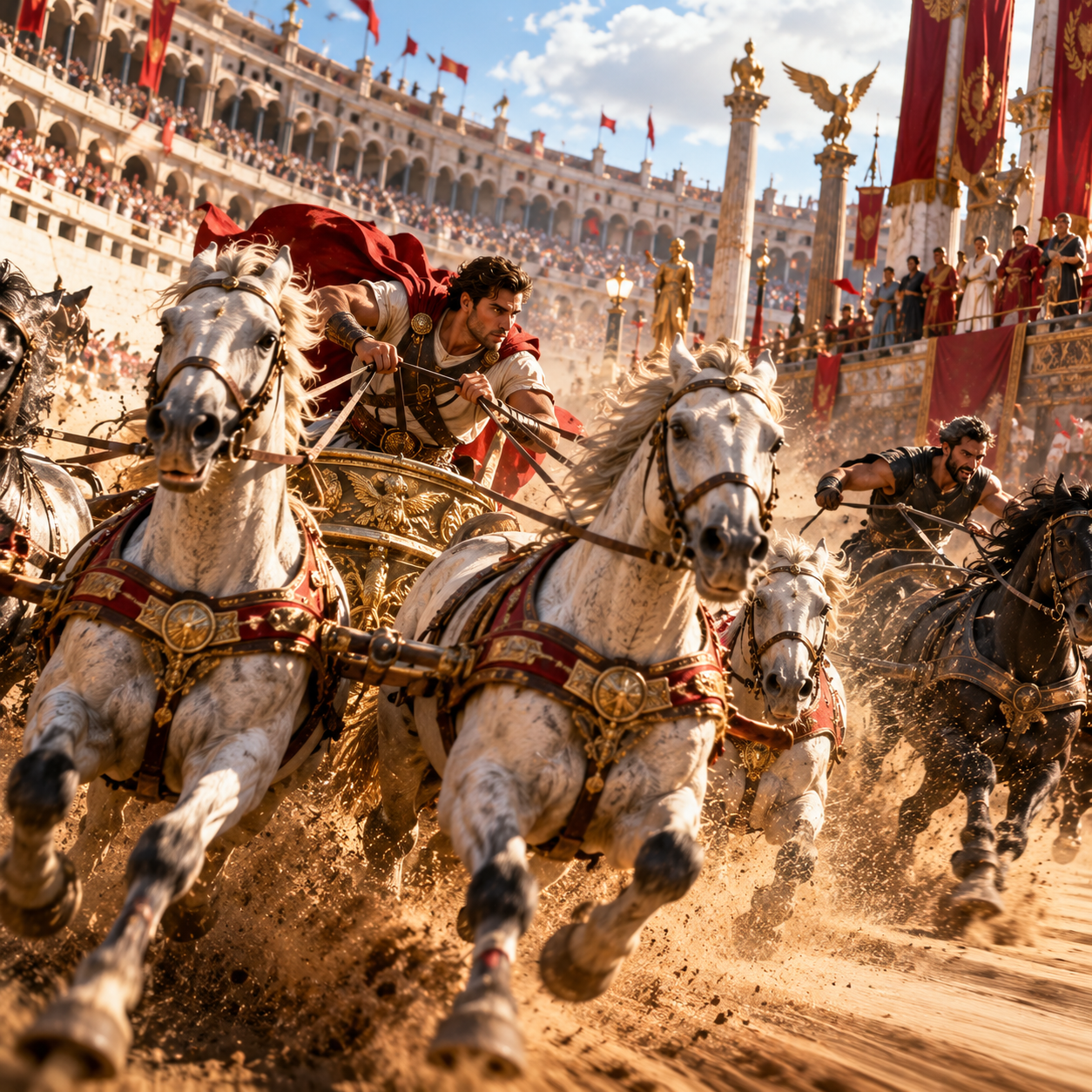 Fierce charioteers race horse-drawn chariots around the dirt track of a packed ancient Roman Colosseum
