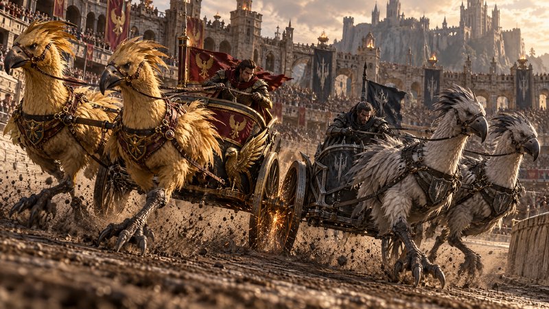 Rival ornate chariots pulled by giant griffin mounts race across a muddy fantasy coliseum track