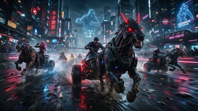 Cyberpunk chariot race with menacing robotic horses speeding down rain-soaked neon Neo-Tokyo streets