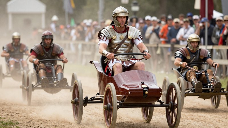 Racers in Roman centurion armor drive vintage chariot-style go-karts on a dusty dirt race track