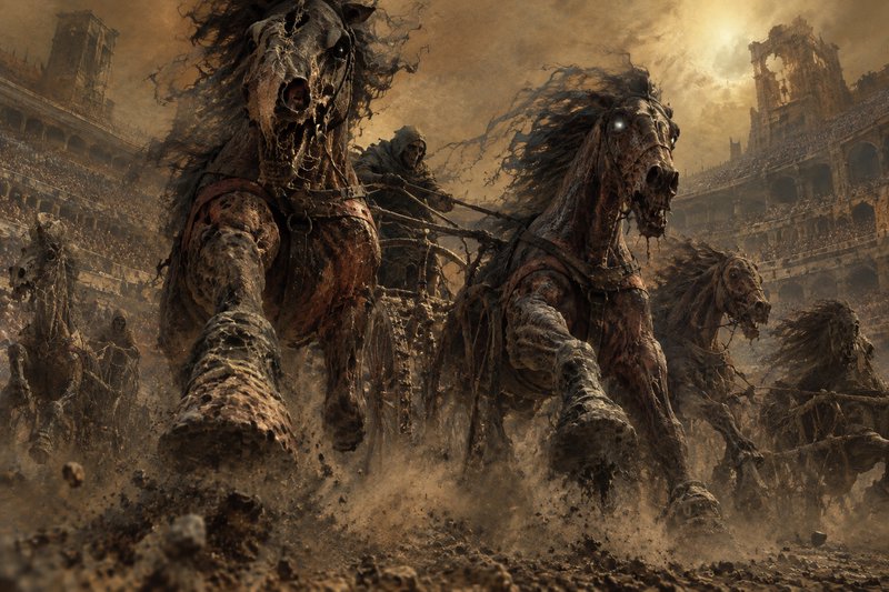 Rotting skeletal undead horses pull a chariot driven by a hooded figure charging through a ruined...