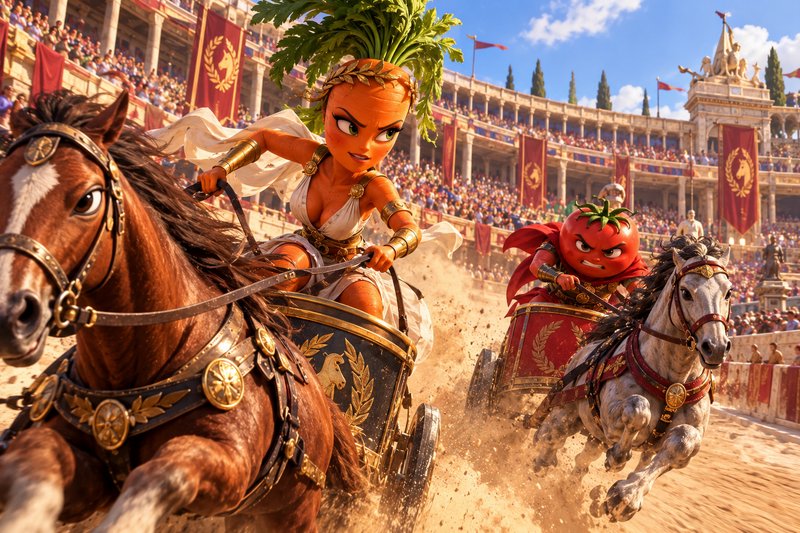 Anthropomorphic carrot and tomato charioteers race horse-drawn chariots in a Roman coliseum