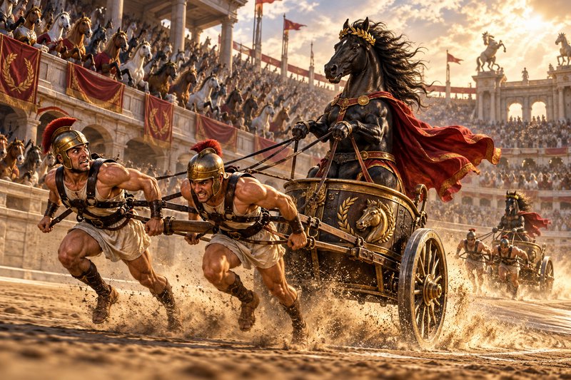 Muscular Roman gladiators pull an ornate chariot during a high speed race inside an ancient colos...