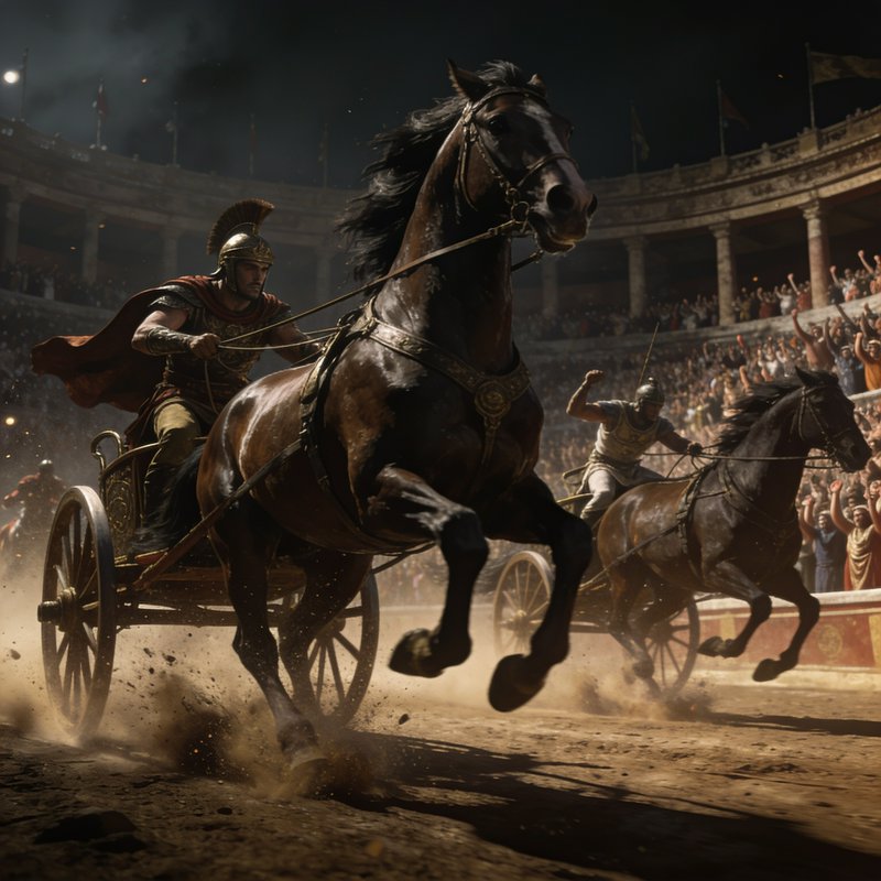 Armored Roman charioteers race galloping horse-drawn chariots in a packed ancient colosseum arena