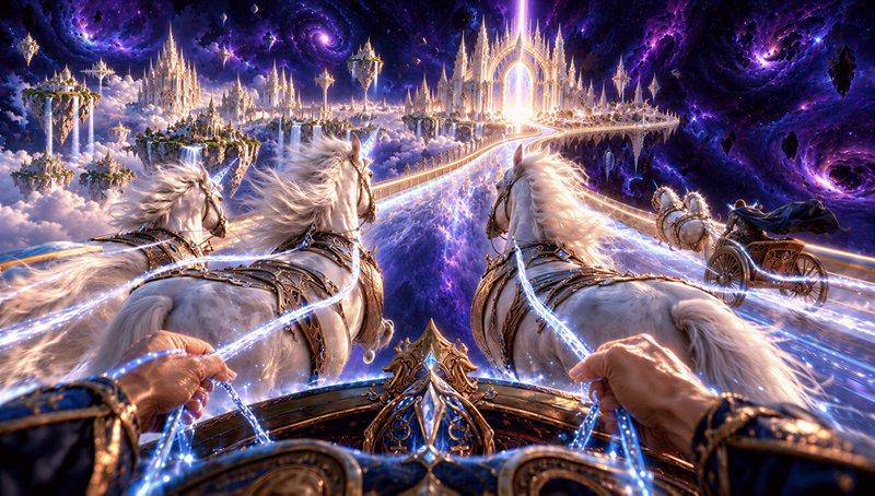 First person perspective of a magical chariot pulled by white unicorns racing toward a celestial ...