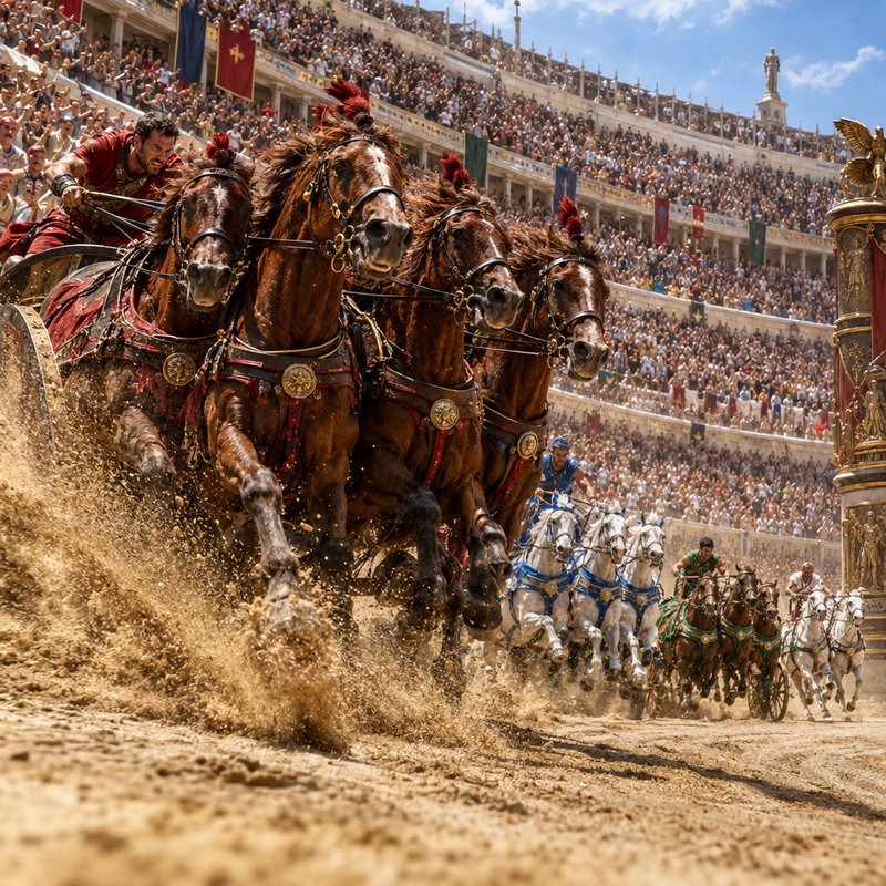 Furious ancient Roman chariot race with galloping horse teams kicking up dirt before packed Colos...