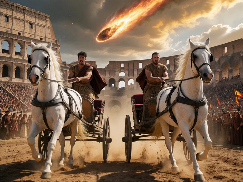 Two charioteers race horse-drawn chariots as a fiery meteor streaks over the Roman Colosseum