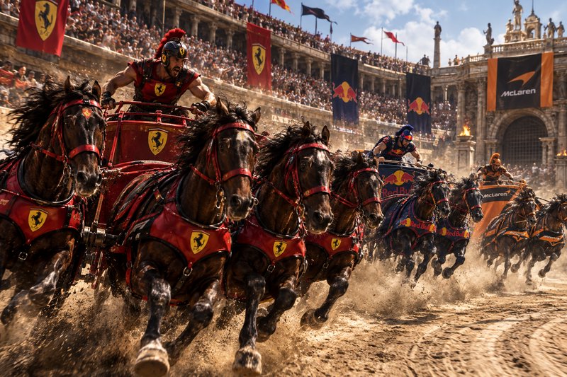 Branded Formula 1 team chariots race at full speed in a packed ancient Roman colosseum