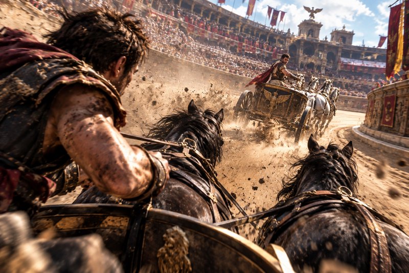 First-person view of competing charioteers racing horse-drawn chariots in an ancient Roman coliseum