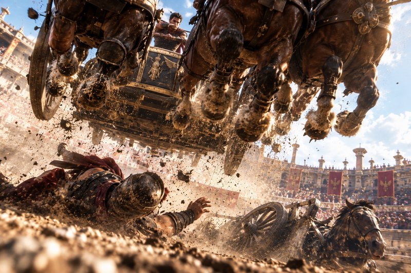 Ornate Roman chariot leaps over a fallen gladiator during a chaotic coliseum chariot race