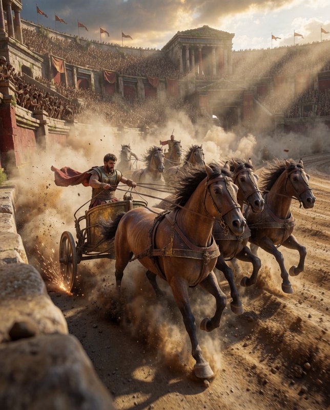 Roman charioteer races a four-horse chariot through a packed ancient coliseum at golden hour