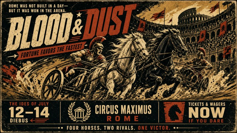 Distressed vintage event poster for a Roman chariot race at Circus Maximus showing competing charioteers driving galloping