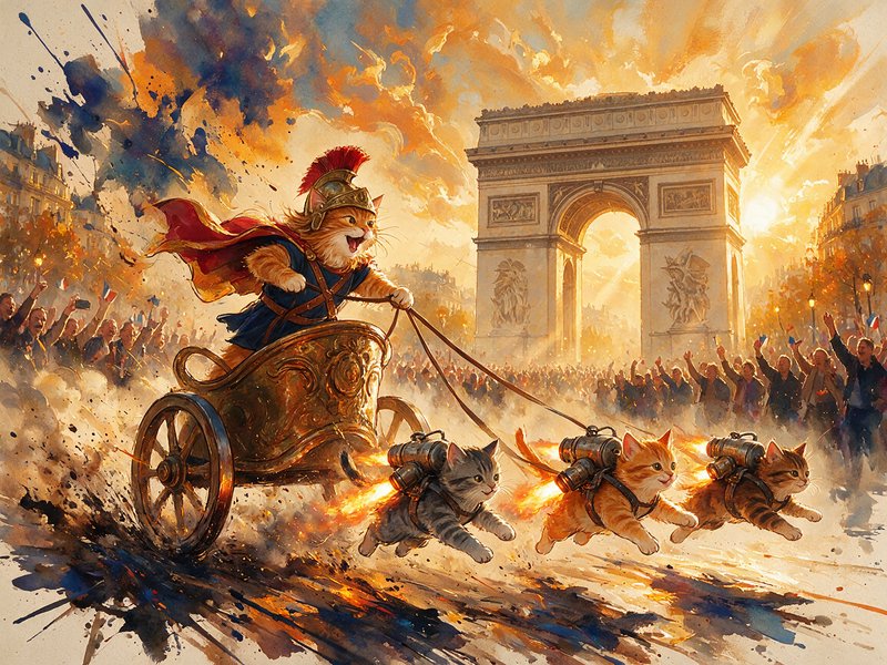 Ginger cat in Roman centurion helmet drives a jetpack-kitten pulled chariot past Paris Arc de Triomphe
