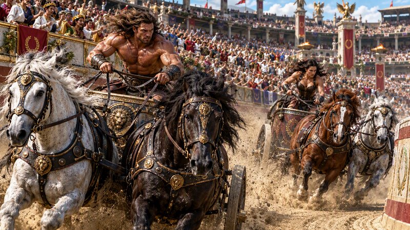 Muscular gladiator drivers compete in a high speed chariot race inside a packed ancient Roman coliseum