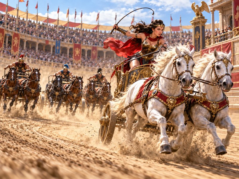 Fierce female charioteer leads a high-speed chariot race inside a packed ancient Roman coliseum