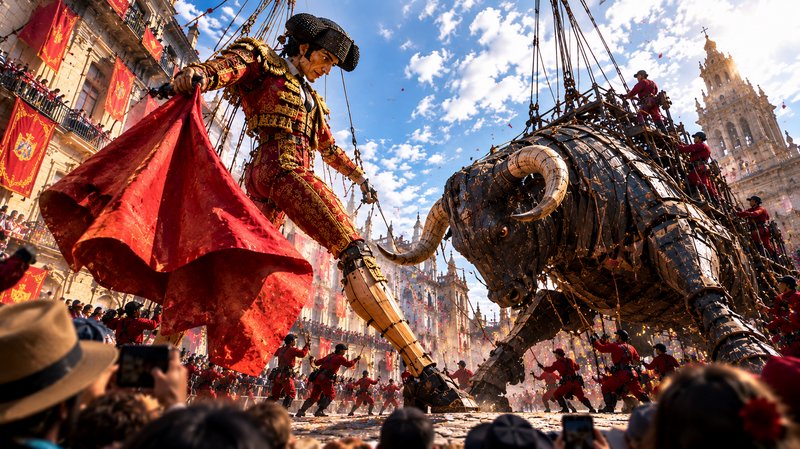 Giant mechanical matador and bull puppets perform for crowds at a sunny Spanish city festival