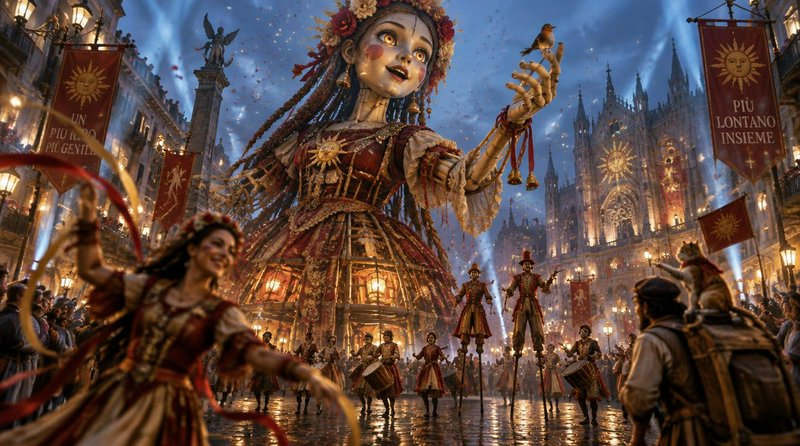 Giant ornate carnival marionette stands in a festive medieval city square during an evening parade.