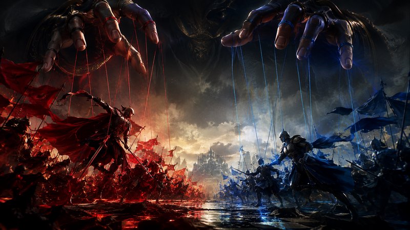 Giant puppet master hands manipulating opposing red and blue fantasy armies on a stormy battlefield