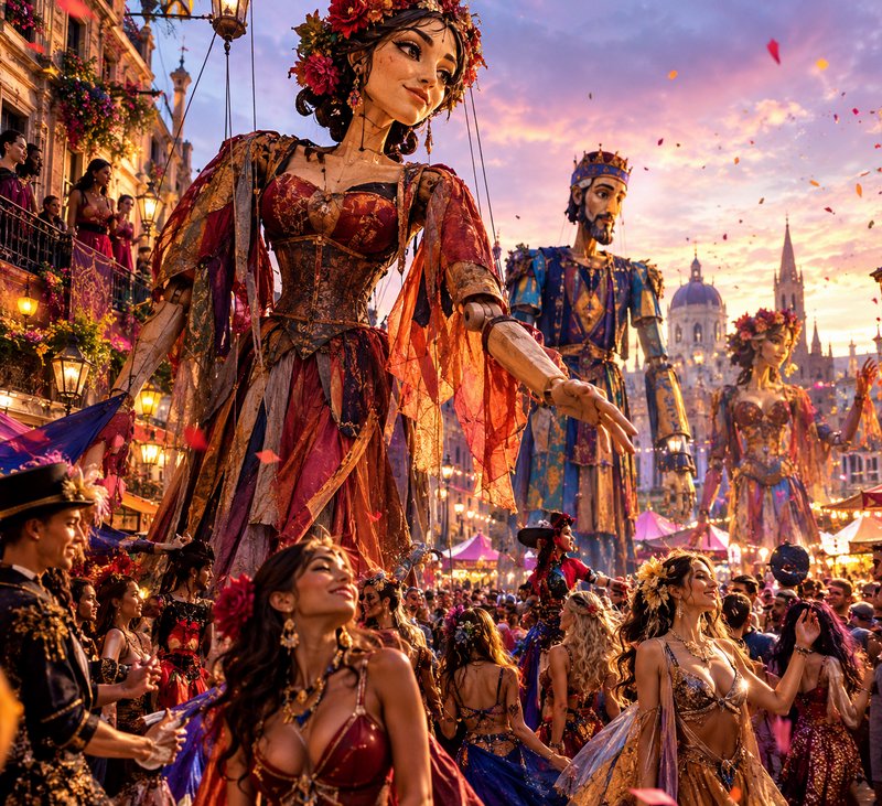 Giant ornate marionette puppets tower over costumed crowds during a sunset city carnival parade