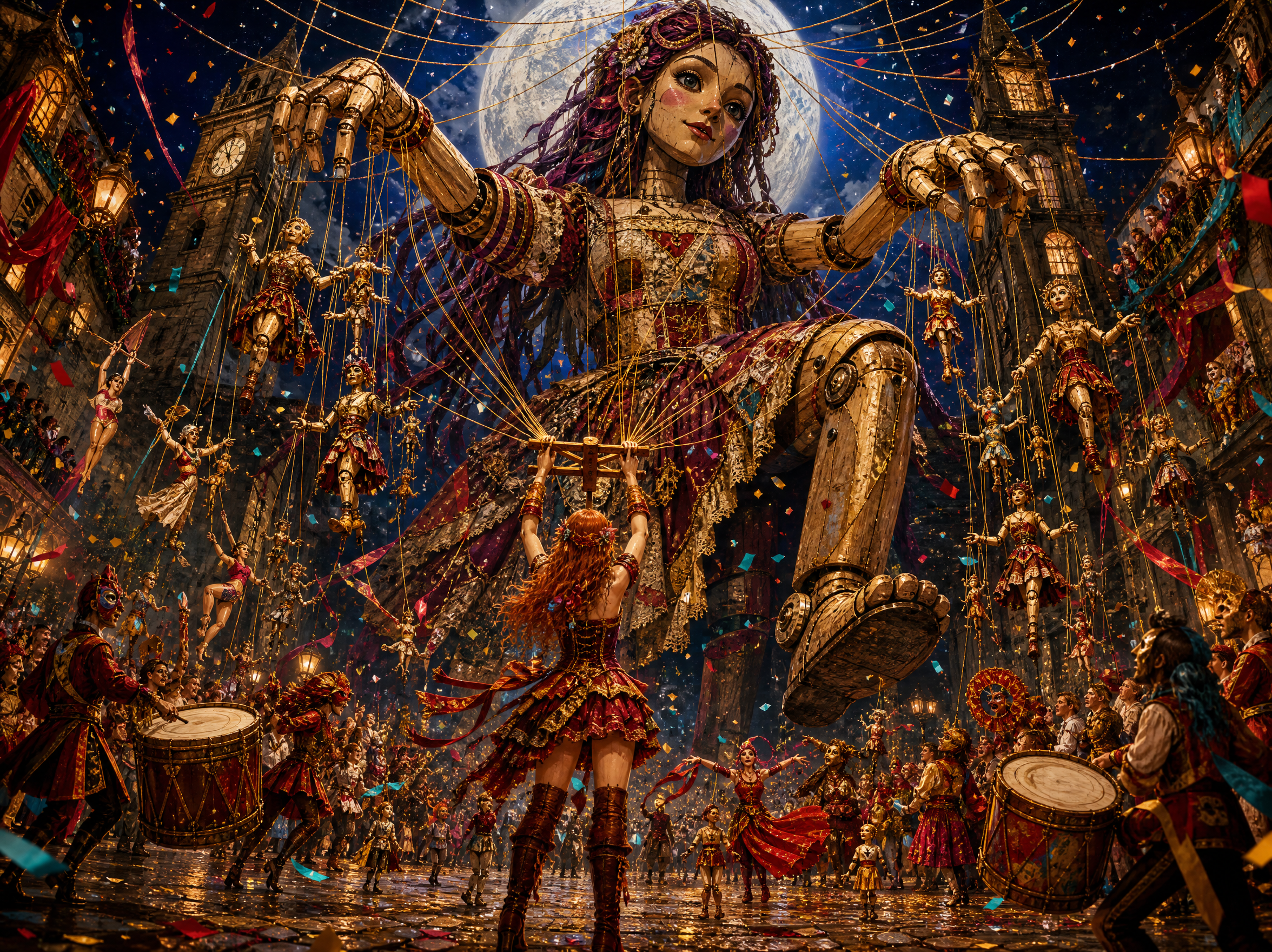 Giant ornate wooden marionette looms over a moonlit carnival street as a puppeteer pulls its control strings
