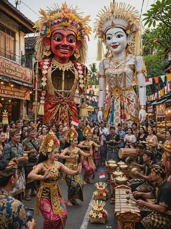 Two towering ornate festival effigies overlook traditional Balinese dancers and gamelan players at a busy street cultural