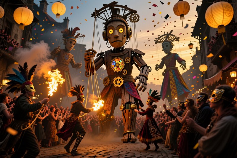 Giant steampunk marionette puppets parade through a lantern-lit old town street during a sunset c...
