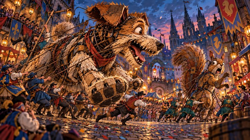 Giant rickety mechanical dog and squirrel parade puppets lurch through a crowded medieval city sq...