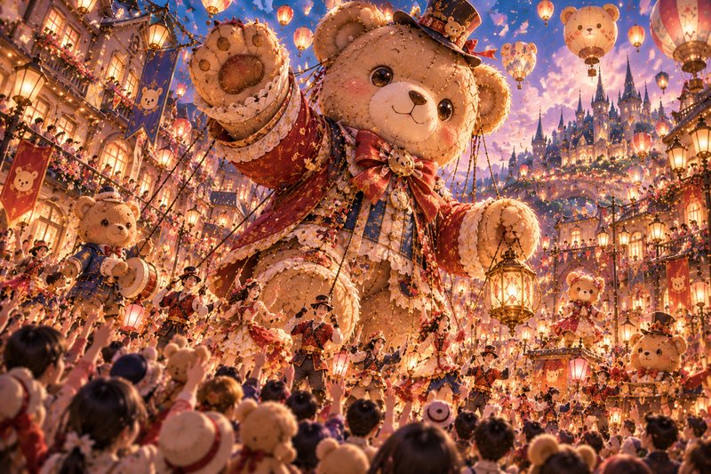 Giant ornate teddy bear float leads a festive twilight parade through a whimsical fairytale town