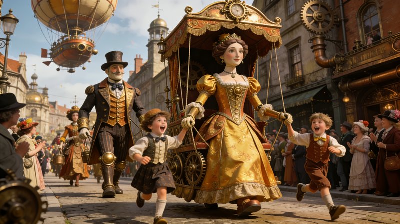 Steampunk puppet parade proceeds down a sunlit cobblestone city street with a vintage airship overhead