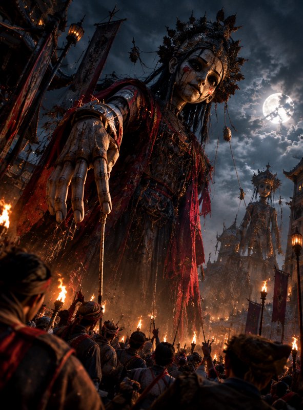 Towering ornate ceremonial puppet extends a hand over a torchlit crowd beneath a cloudy full moon